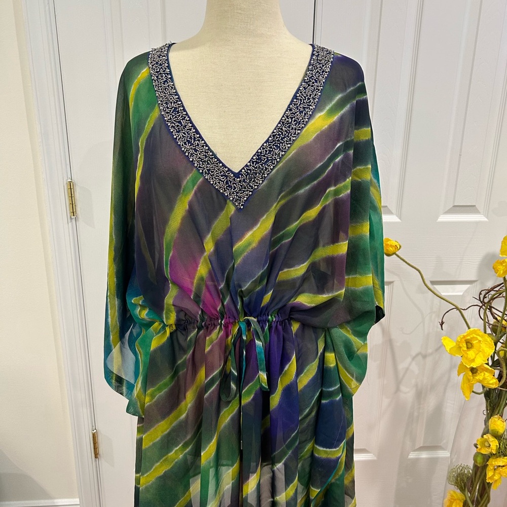 Embellished V-Neck Green Multi-Stripe Swim Coverup